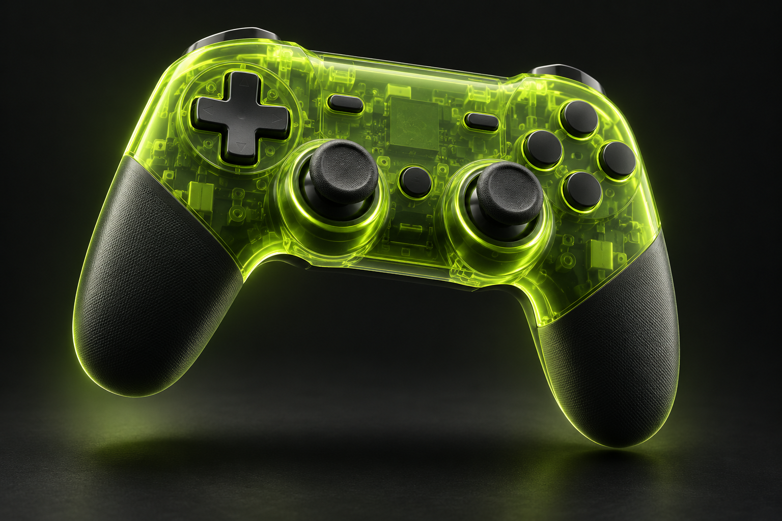 A translucent lime gaming controller with graphite handles